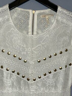 Maje White Lace Studded Dress, Sz 3 (US m/l) short sleeve, boho , A-line